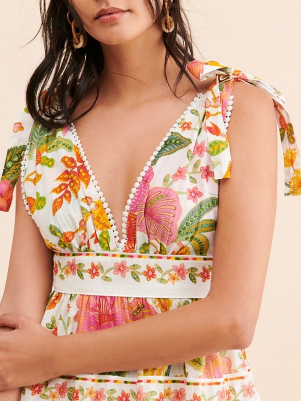 FARM Rio Macaw Bloom Tie-Strap Tiered Floral Print Mini Dress Size M - Picture 9 of 12